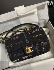 在台現貨⚡️限量 新款 CHANEL 22p mini CF 小號  耐磨好顧第一名 字母 塗鴉 黑色 金扣 香奈兒 cf23 單寧牛仔 鏈條包