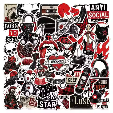 50Pcs Black Red Rock Roll Punk Music Stickers Graffiti Laptop Guitar Helmet Luggage Phone Rock Stick