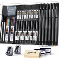 35PCS Black Art Mechanical Pencil Set in Case，0.5 0.7 0.9 2.0 Graphite Metal Drawing Drafting Pencil