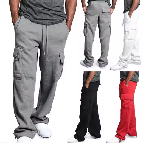 Men Cargo Jogger Pants Autumn Winter Fleece Sweatpants Loose Trousers Multi Pocket Overalls Hip Hop 