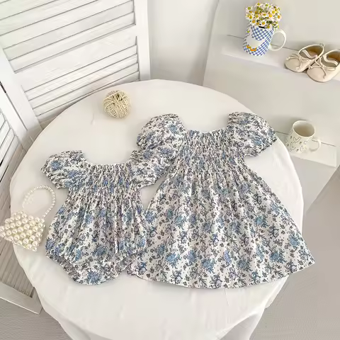 0-6Y Sisters Vintage Girls Beach Dress Summer Cotton Breathable Toddler Girls Flower Dress Children 