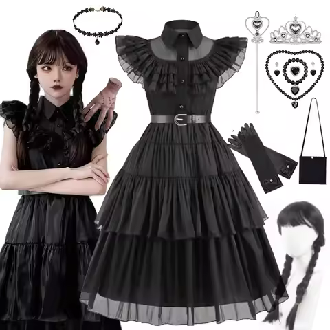 Children Addams Costume Baby Girls Family Cosplay Halloween Costume Kids Family Dancing Black Dress