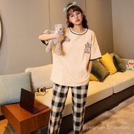 Summer Pajamas Women Short Sleeve Long Pants Cotton Two-piece Set Plus Size Girl Homewear Set Cute C