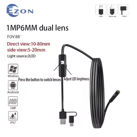 1MP 6mm FOV 88° Dual Lens Industrial Endoscope Camera for Pipeline Inspection 2m USB Type-C Android 