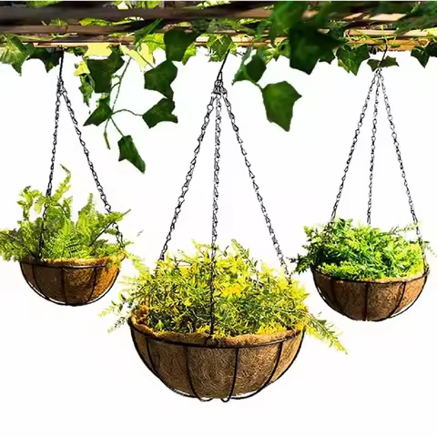 8/10/12-inch Coconut Fiber Plant Holder Metal Hanging Basket Round Wire Planter Pot for Home Garden 