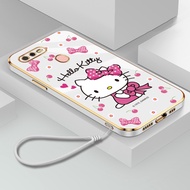 Casing OPPO A3S A12E A15S A12 A12S A5 A9 A8 A31 2020 A15 A15S A35 A16 A16S A54S A16K A16E Ultra-thin Plating Square Lovely Cartoon Hello Kitty Silicone Case with Lanyard Phone Case