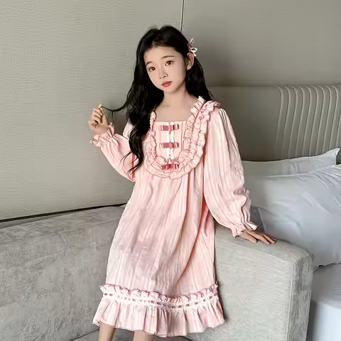 Girls Nightgowns Puff Long Sleeve Sleepwear Sweetheart Nightgowns Cotton Sleeping Skirt Sleepwear Pr