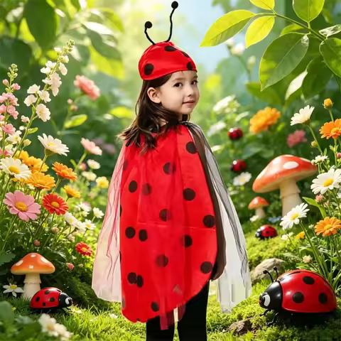 Children Girls Red Ladybug Ladybird Cloak Antenna Hat Clothing Party for kids Cosplay Halloween Cost