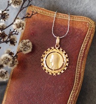 古董法國金色放射花形耶穌十字架聖母項鍊 N666