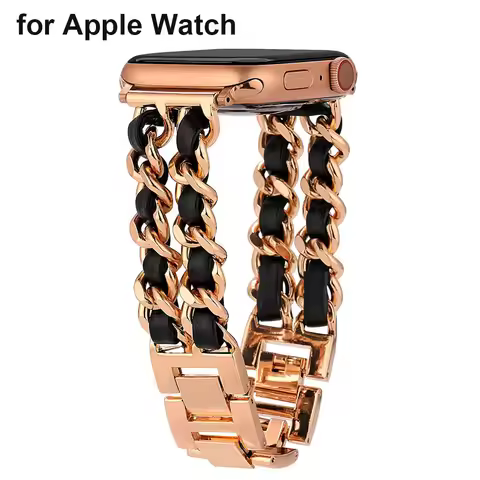 Leather Chain Watchband Metal Bands for Apple Watch Band 46mm 41mm 40mm for Women Bracelet iWatch Se