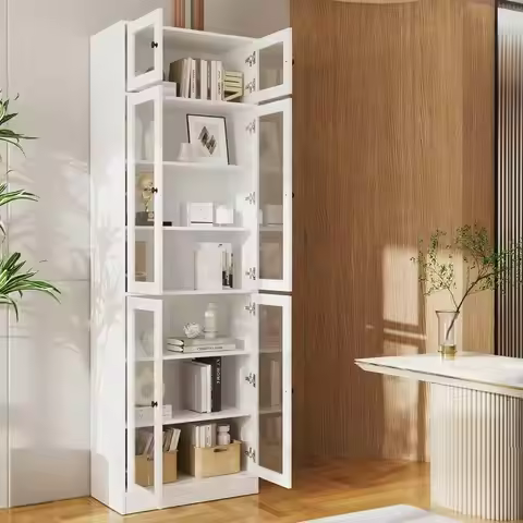 85.5" H Glass Door Bookshelf 7 Tier Curio Cabinet Storage DIY Large Bookcase Living Room Office Whit