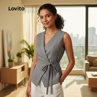 Lovito Atasan Kasual Wanita Lengan Sulam Abu-abu Model Ikat L155AD333