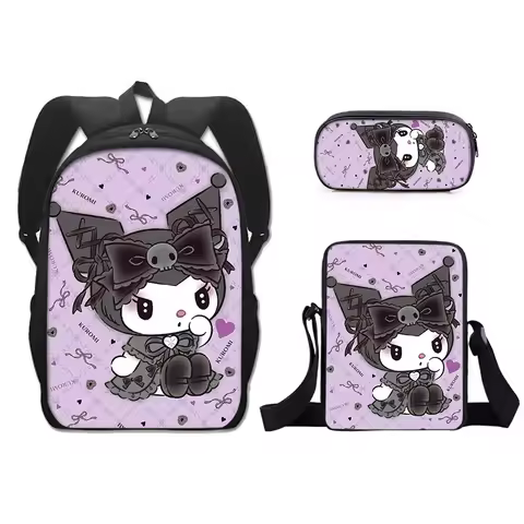 Kuromi Anime 3Pcs/Set Backpack Large Capacity Student School Shoulder Bag Kids Cute Travel Backpack 