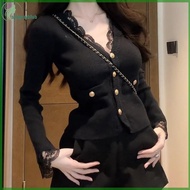 Sthb Short Cardigans V Ne Elegant Lace Patchwork Vintage Woman Sweaters Autumn Winter Korean Fashion