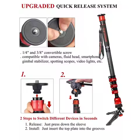 IFOOTAGE Cobra 3 Camera Monopod with Pedal Locking Control, 71" Carbon Fiber Monopod,Payload 8KG, Qu