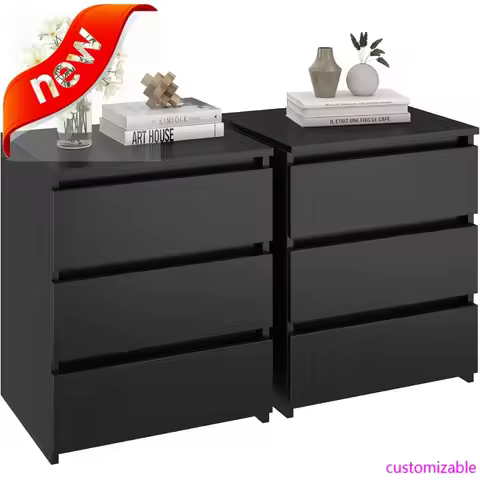 New-Nightstand Set Of 2 Black Nightstand With 3 Drawers, Black Bedside Table Night Stand For Bedroom
