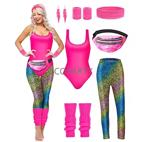7 Pcs 80s Fancy Workout Costume 80s Accessories Set 80s 90s Leotard Legging Headband Wristbands Leg 