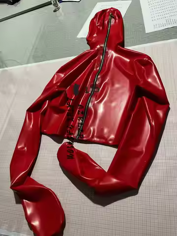 Red Latex Top with Mask, Mittens, Rear Zipper