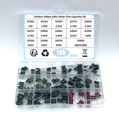 140PCS 14ValuesX10Pcs Mylar Film Capacitor Assorted Kit 630V 2J102J~2J683J 1nF~68nF Polyester 2J222J