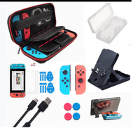 全城熱賣 - switch收納包（黑紅四角包+水晶殼+線+手製TPU紅藍+鋼化膜2片+四卡盒白+搖桿帽紅藍各2個+）