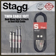 Stagg STC3PCM Twin Cable Dual Mono Jack 1/4 Inch to Dual RCA Cable - 10ft / 3 Meter