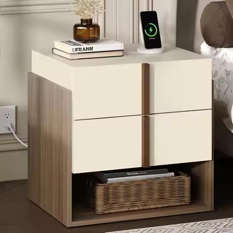 Modern Nightstand with Charging Station, 20" MCM Bedside Table with 2 Drawers & Open Storage Shelf, 