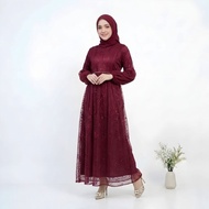 Gamis Brokat Pesta Mewah Wanita Muslimah Warna Merah Maroon Dress Bridesmaid Cl