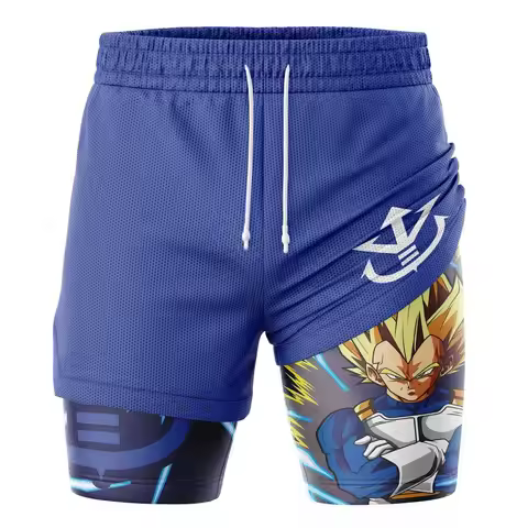 2026 Summer Dragon Ball Vegeta Super Saiyan V2 2-in-1 Double Layer Gym Shorts, Oversized Men's Fitne