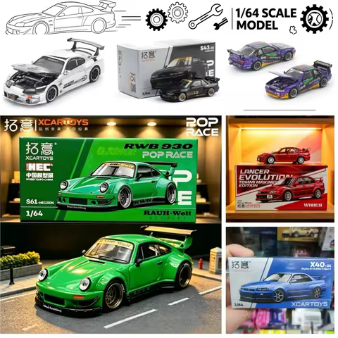 New In Stock XCARTOYS Pop Race 1:64 EVA 08 S13 GTR EVO6.5 Porsche RWB930 Metal Diecast Drift Car Mod