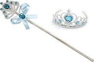Kuzhi Princess Elsa Crown Tiara and Wand Set — Silver Heart Jewel, Crystal Blue,metal Wand, Large