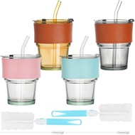 4 Glasses, Equipped with Lid, Straws and Leather Cases, Capacity 12.8 Ounces, Reusable, Suitable for
