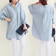 Top Shirt Korean Long-Sleeved Cotton Linen S-2XL Loose Large Size Mid-Length Textured Air-Conditioni