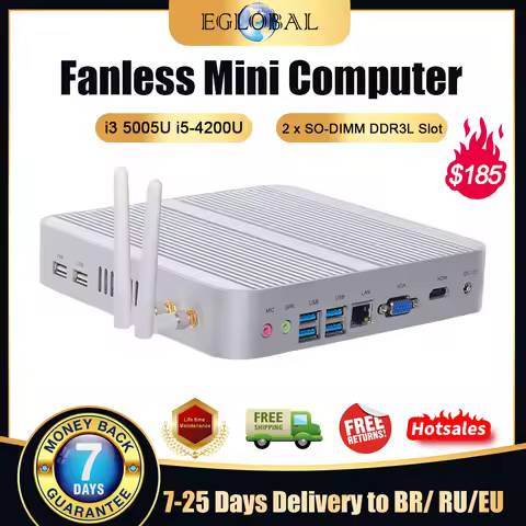 Eglobal Fanless Mini PC Intel i5 4200U i3 5005U 2DDR3L 256G SSD Wifi5 Win10 Win11 RJ45 LAN HDMI VGA 