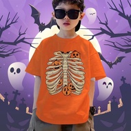 Funny Halloween Skull Print Kids T-Shirt Spooky Skeleton Cartoon Graphic Short Sleeve Costume Clothi