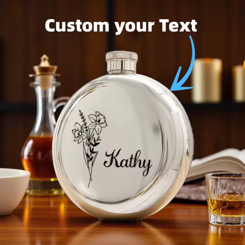 5oz Personalize Birthday Flowers Round Whiskey Flask Portable Stainless Steel Flask Custom Flagon Ou