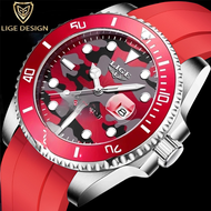 Lige นาฬิกาแฟชั่นใหม่สำหรับผู้ชายนาฬิกาข้อมือควอตซ์ลายพรางหรูหรานาฬิกาสปอร์ตซิลิโคนสีแดงสำหรับผู้ชาย