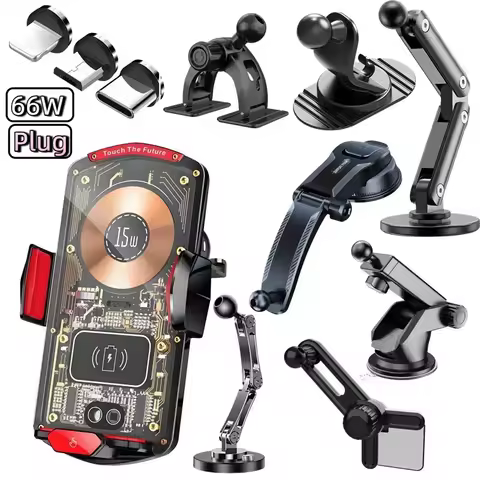 15W Universal Car Wireless Charger Holder Auto-Sensing Ambient Light 360 Rotating 66W Plug Charging 