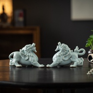 Ceramic Ru Kiln Pixiu Pair Tea Pet Decorations Money-lucky Home Living Room Tea Room Bogu Rack Chine