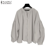 ZANZEA Women's Commuting Shirt - Round Neck, Long Lantern Sleeves, Button Front
