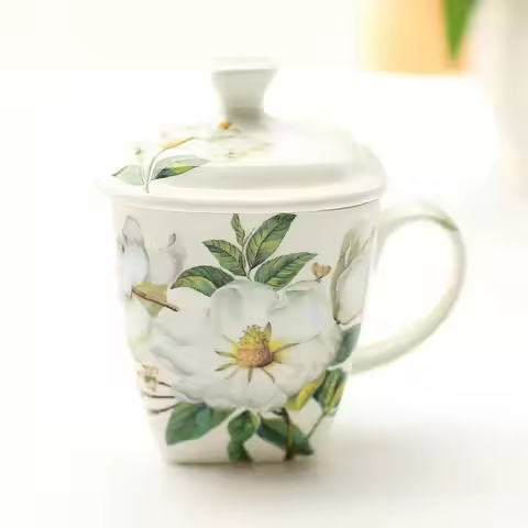 500ML. bone china coffee cup, green camellia, porcelain nespresso tumbler, ceramic zakka tea cup, wh