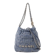 CHANEL 牛仔布Chanel 22 Mini銀扣鏈帶肩背袋