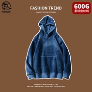 600g Heavy Fleece Lining Hooded Sweatshirt Men Loose Silver Fox Fleece Long Sleeve Lazy Style Korean