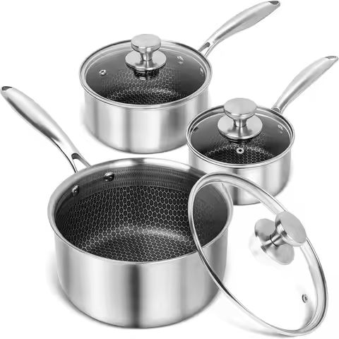 Premium Stainless Steel Saucepan Set with Honeycomb Interior, 1QT 2QT 3QT Tri-Ply Cookware - 6pcs
