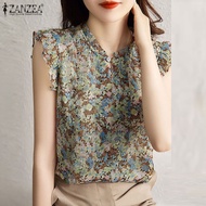 ZANZEA Womens Blouse Holiday Summer Tank Vest Casual Floral Cap Sleeveless Loose Blouse