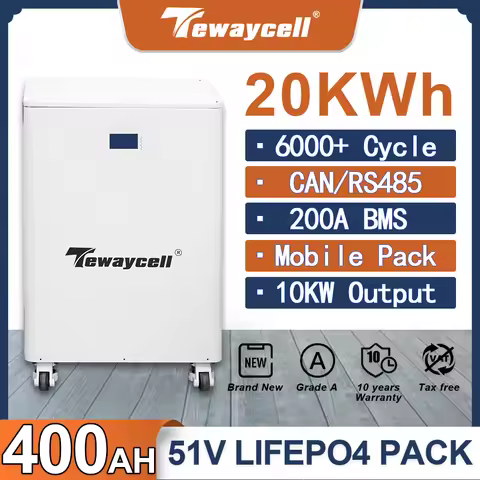 Tewaycell 20KWh 30KWh Powerwall 51V 400Ah 600Ah LiFePO4 Battery Pack Buitl-in 200A BMS CAN RS485 Mon