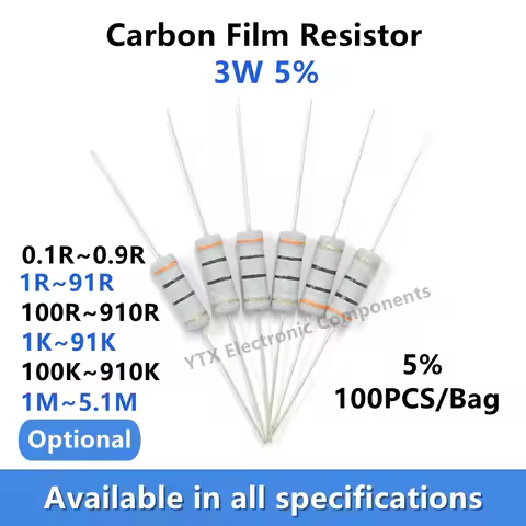 100PCS 3W Carbon Film Resistor 5% 0.12R 0.5R 0.82 1R 2.7R 1M 1K 2.2K 3.3K 4.7 6.8K 10K 22K 47K 100K
