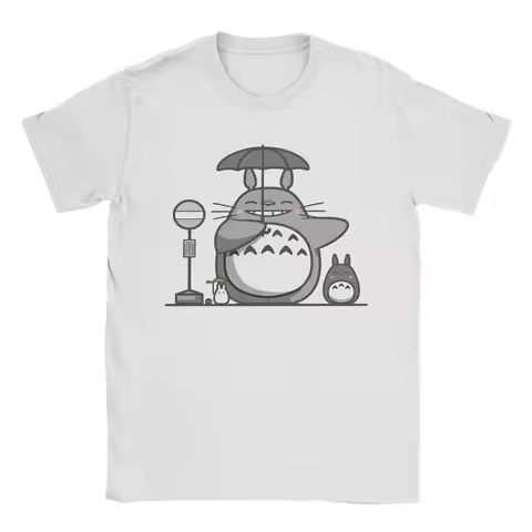Vintage Anime Totoro-Miyazaki Bring The Umbrella T-Shirt for Men Round Neck Cotton T Shirts Short Sl