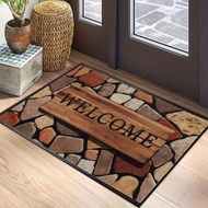Vintage Stone & Welcome Pattern Doormat - Durable Dirt-Resistant Entrance Rug For Front & Rear Door 