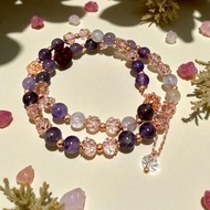 紫雨薔薇手鍊 紫水晶 白水晶 紅瑪瑙花雕珠 粉紫切割珠 雙圈設計