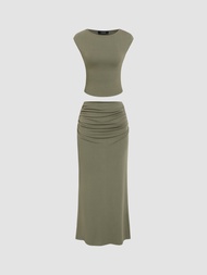 Cider Solid Tank Top &amp; Ruched Maxi Skirt